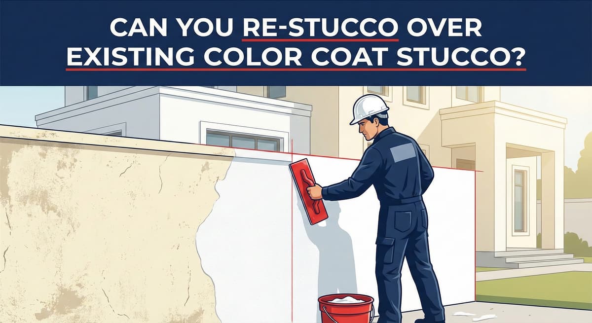 Re-stucco over existing color coat showing surface preparation assessment and proper bonding techniques over old finish coats with drainage systems intact