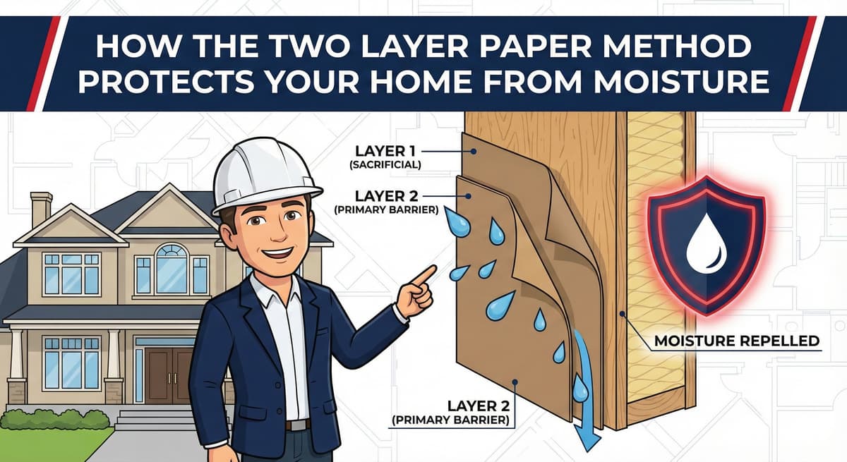 Two layer paper method protecting homes from moisture showing sacrificial layer and primary barrier for weep screed drainage integration