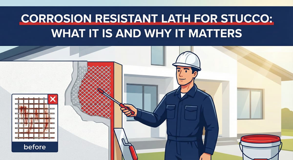 Stucco Champions contractor demonstrating the difference between corroded rusty lath and new corrosion-resistant wire mesh.