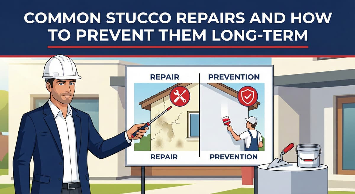 Stucco Champions guide comparing common stucco repairs against long-term prevention strategies on a whiteboard.