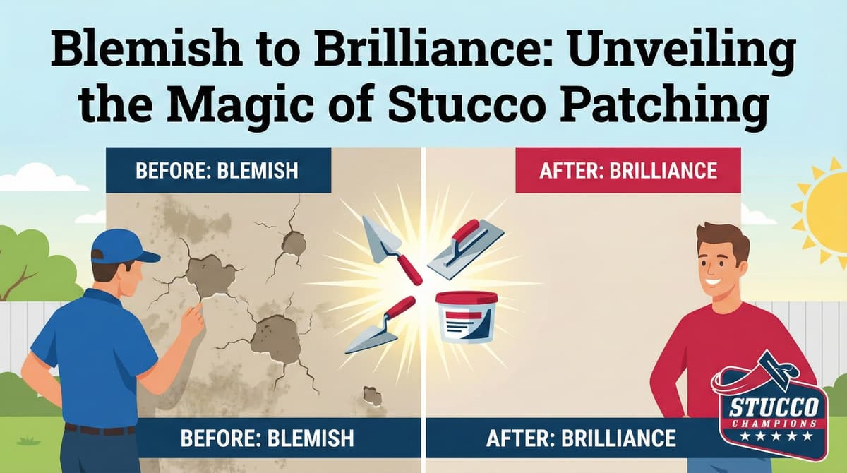 An educational infographic from Stucco Champions titled "Blemish to Brilliance: Unveiling the Magic of Stucco Patching," showing a before-and-after comparison of wall repair.