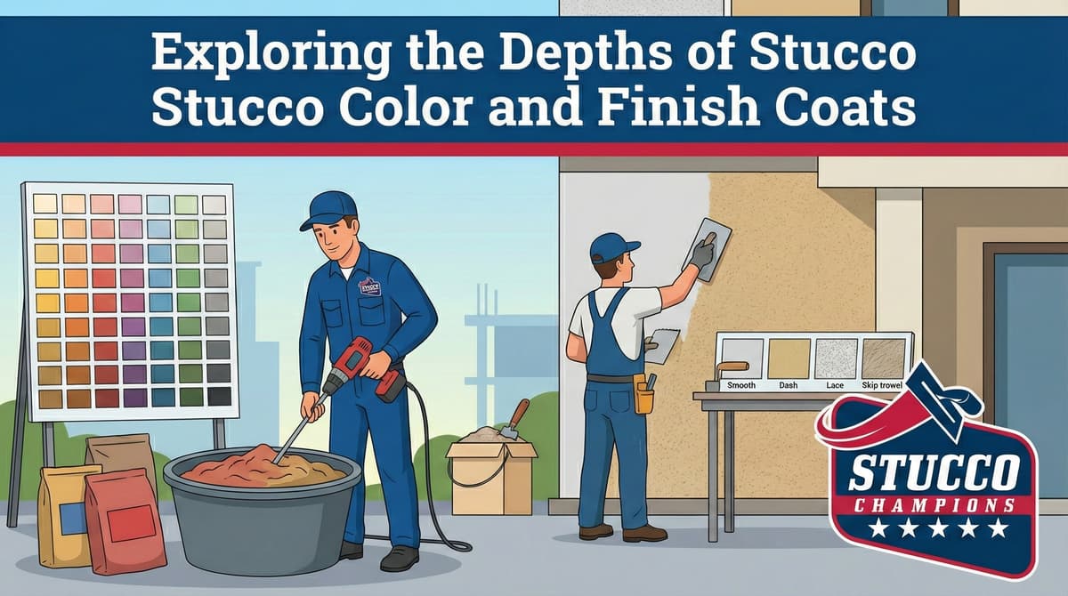 A professional visual guide from Stucco Champions titled "Exploring the Depths of Stucco Color and Finish Coats," showing a contractor mixing a vibrant orange pigment into a bucket of stucco while a second technician applies a fresh finish coat to a modern home.