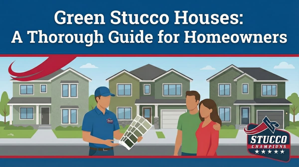 A professional visual guide from Stucco Champions titled "Green Stucco Houses: A Thorough Guide for Homeowners," showing a contractor presenting a green color palette to a couple in front of three different green-toned residential homes.