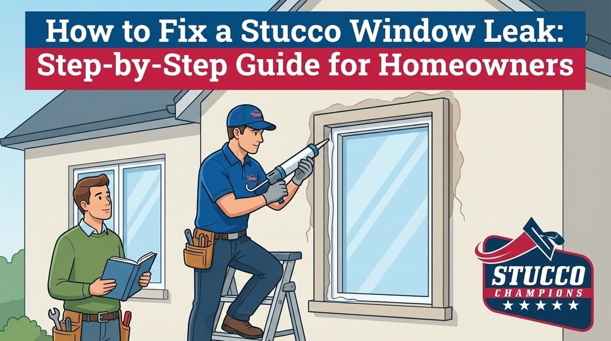 A professional instructional guide from Stucco Champions titled "How to Fix a Stucco Window Leak: Step-by-Step Guide for Homeowners," showing a technician applying sealant to a window frame while a homeowner follows along with a manual.