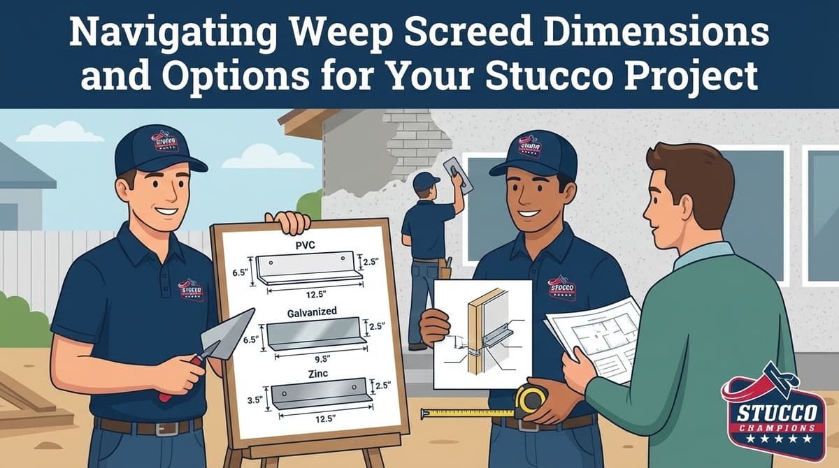 A technical infographic from Stucco Champions titled "Navigating Weep Screed Dimensions and Options for Your Stucco Project," featuring two contractors presenting a selection board with PVC, Galvanized, and Zinc dimensions, while a third technician applies a base coat to a concrete block wall in the background.