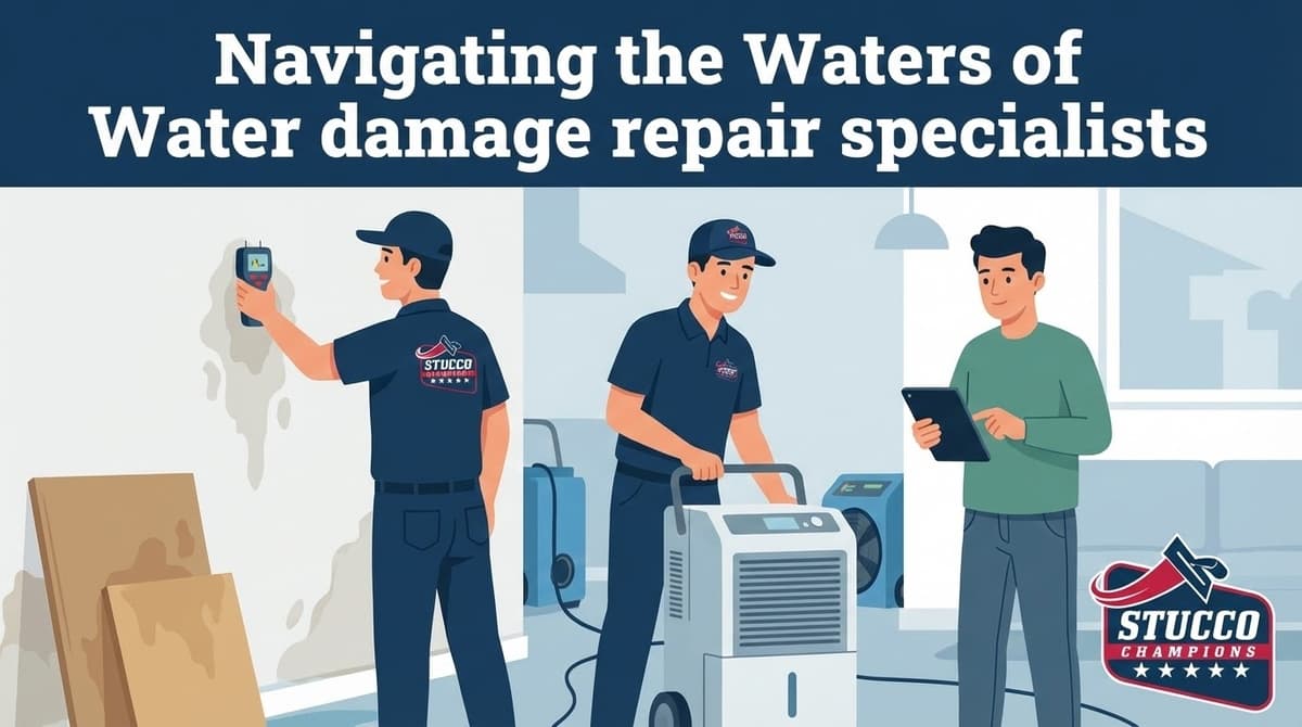 A professional technical infographic from Stucco Champions titled "Navigating the Waters of Water Damage Repair Specialists," featuring a three-person sequence: one technician using a moisture meter on a stained interior wall, another moving a high-grade industrial dehumidifier, and a third consultant reviewing digital data on a tablet with a homeowner.