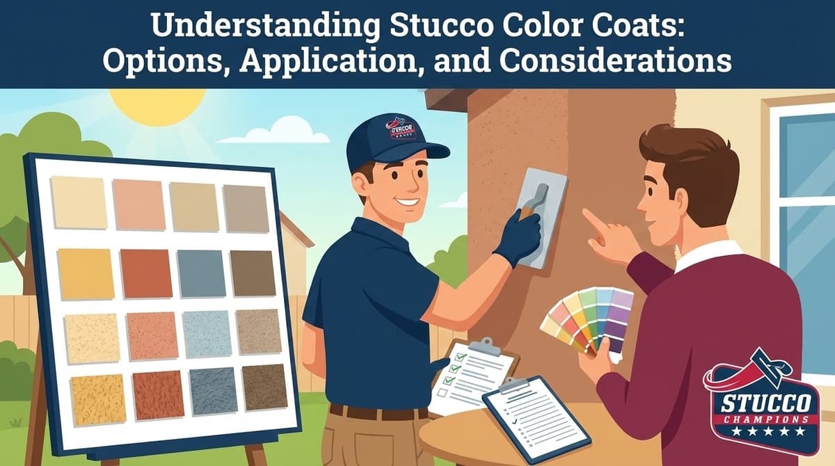 A professional technical infographic from Stucco Champions titled "Understanding Stucco Color Coats: Options, Application, and Considerations," showing a contractor in a branded cap and polo applying a textured finish to a wall while a client reviews a color fan deck and a large display board of earth-toned swatches.