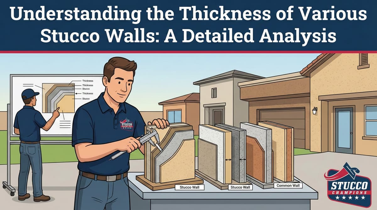 A professional technical infographic from Stucco Champions titled "Understanding the Thickness of Various Stucco Walls: A Detailed Analysis," showing a contractor using a caliper to measure a multi-layered wall cross-section while another technician points to a wall diagram on a whiteboard.