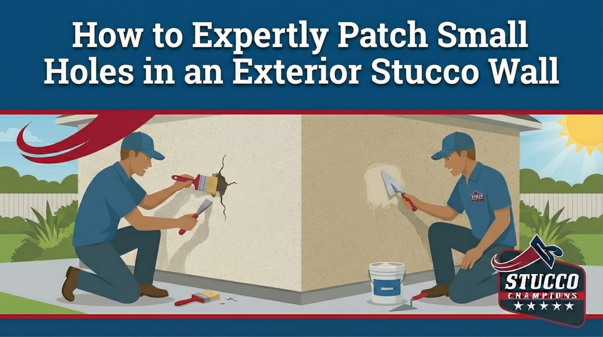 A professional visual guide from Stucco Champions titled "How to Expertly Patch Small Holes in an Exterior Stucco Wall," showing one technician cleaning a crack with a brush and another applying a smooth patch with a trowel.