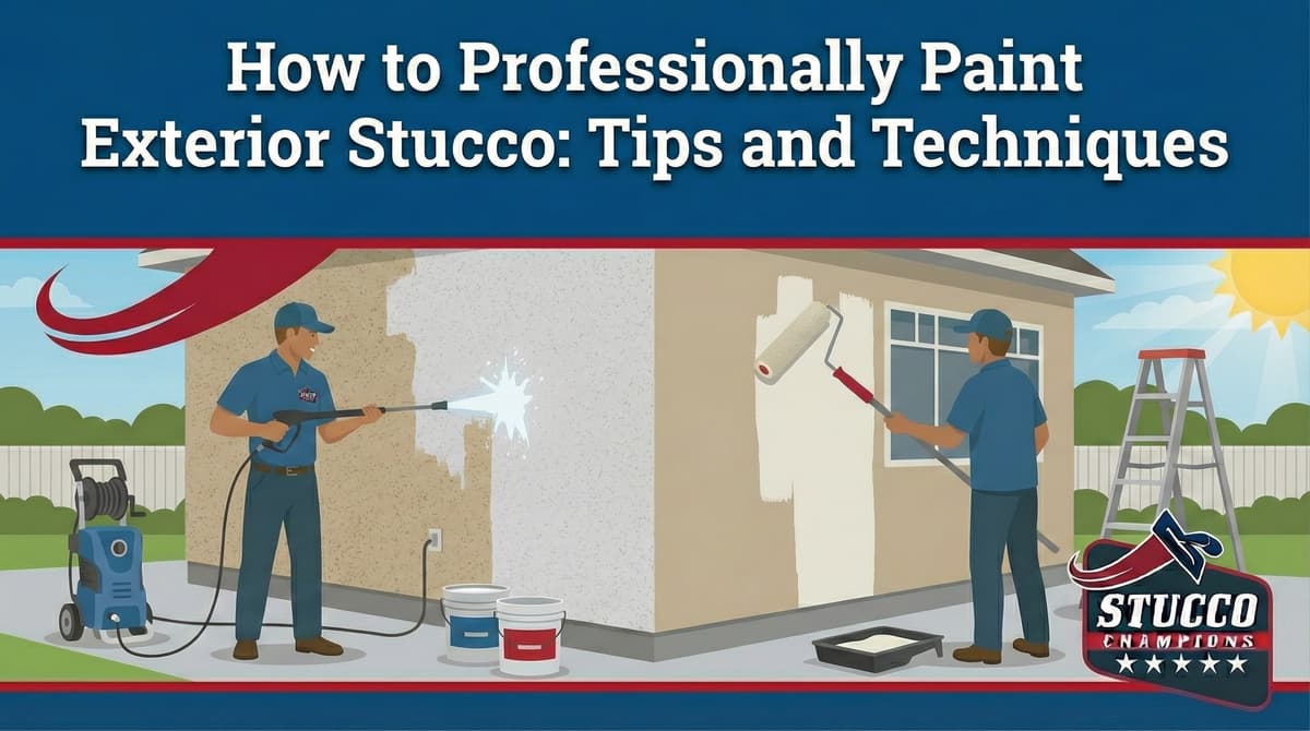 A professional visual guide from Stucco Champions titled "How to Professionally Paint Exterior Stucco: Tips and Techniques," showing one technician using a pressure washer on a beige wall and another applying a fresh coat of white paint with a roller.