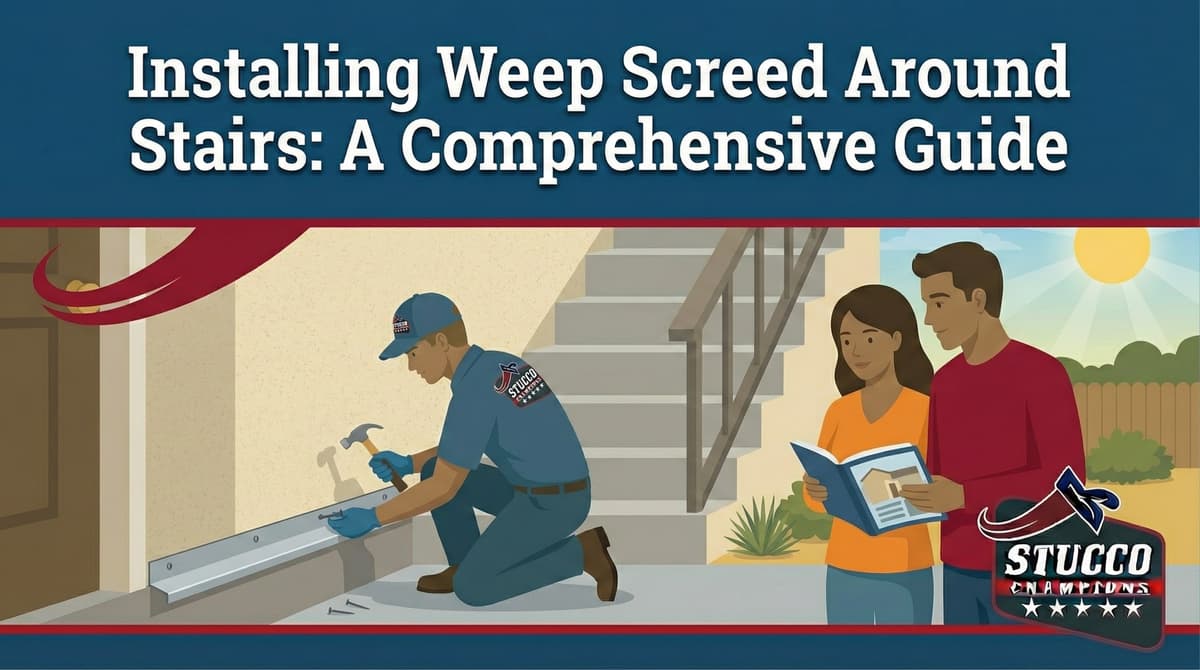 A professional technical guide from Stucco Champions titled "Installing Weep Screed Around Stairs: A Comprehensive Guide," showing a technician kneeling to hammer a metal weep screed into the base of a wall while a couple reviews an instructional manual nearby.