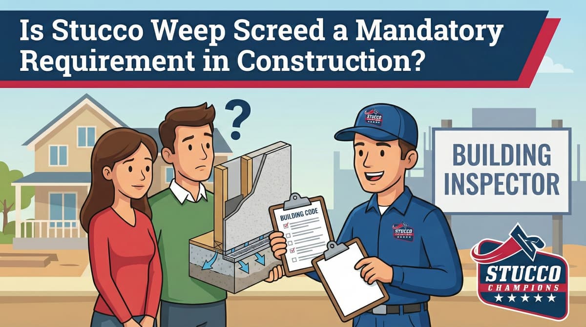 A professional educational infographic from Stucco Champions titled "Is Stucco Weep Screed a Mandatory Requirement in Construction?" showing a building inspector explaining code requirements to a couple using a technical wall cross-section model.