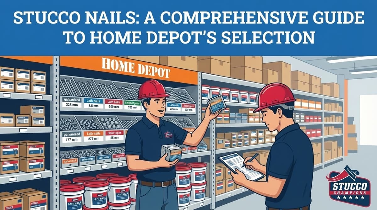 A professional technical infographic from Stucco Champions titled "Stucco Nails: A Comprehensive Guide to Home Depot’s Selection," showing two contractors in red hard hats comparing galvanized, lath, and thread types of nails in a hardware store aisle.