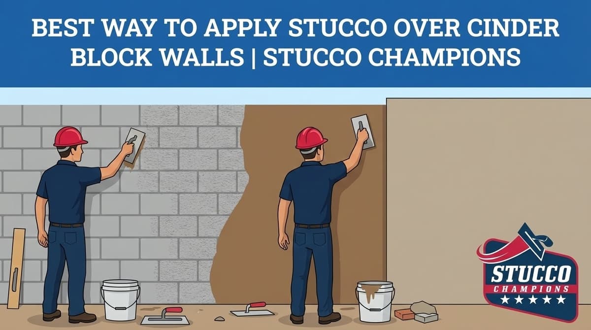 A professional technical infographic from Stucco Champions titled "Best Way to Apply Stucco Over Cinder Block Walls," showing two contractors in red hard hats demonstrating a two-step application: one applying a textured scratch coat over bare cinder blocks and the other applying a smooth brown coat over the base layer.