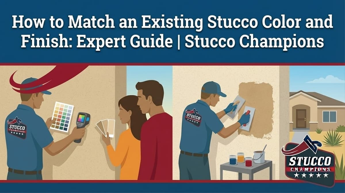 A professional visual guide from Stucco Champions titled "How to Match an Existing Stucco Color and Finish: Expert Guide," showing a technician using a digital color scanner while a couple holds color swatches, and another contractor applying a matching patch to a home exterior.