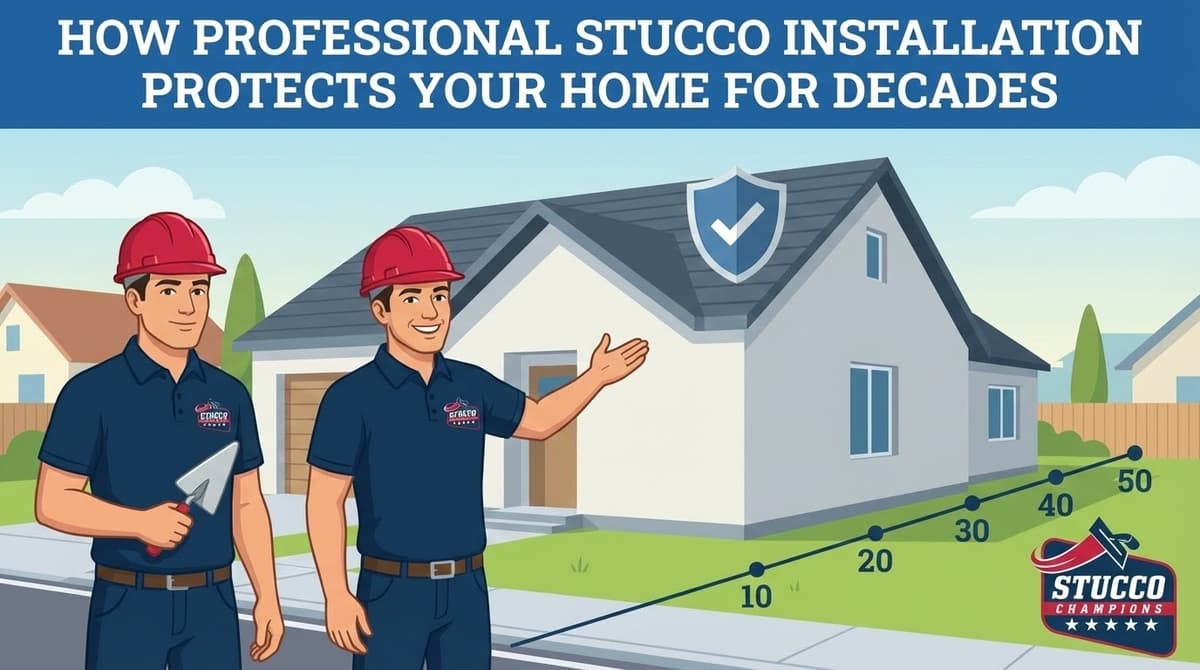 A professional technical infographic from Stucco Champions titled "Stucco Exterior Maintenance Tips Every Homeowner Should Know," featuring two contractors in red hard hats demonstrating the three core steps of property care: Inspecting with a flashlight, Cleaning with a pressure washer and brush, and Sealing cracks with professional compounds.