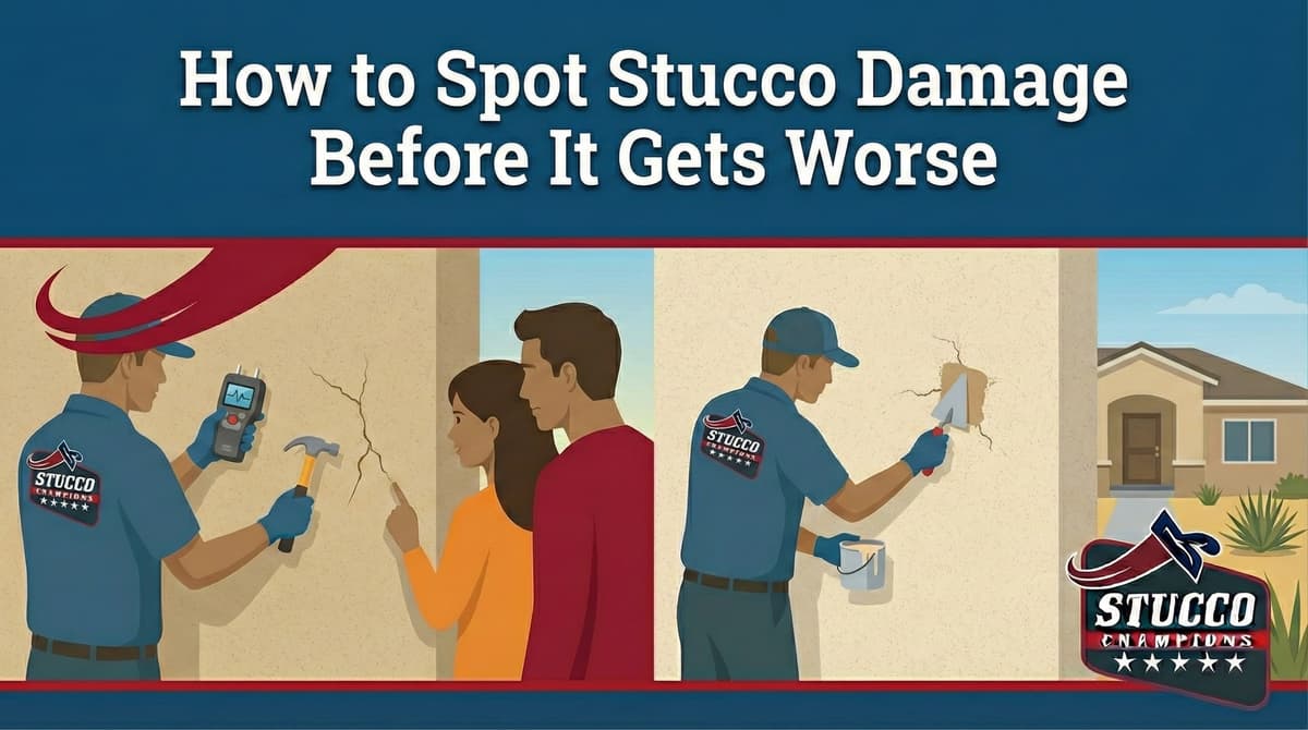 A professional visual guide from Stucco Champions titled "How to Spot Stucco Damage Before It Gets Worse," showing a technician using a moisture meter and testing hammer to inspect wall cracks for a couple, and another contractor applying a trowel patch to a home exterior.