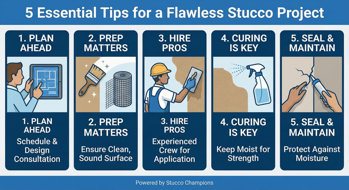 A flat-lay composition of essential stucco tools, a weather thermometer, and a project checklist on a clipboard, representing the preparation needed for a flawless stucco application.