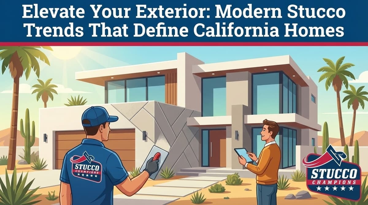 A professional visual guide from Stucco Champions titled "Elevate Your Exterior: Modern Stucco Trends That Define California Homes," showing a contractor applying a textured finish to a contemporary home in a desert landscape with palm trees.