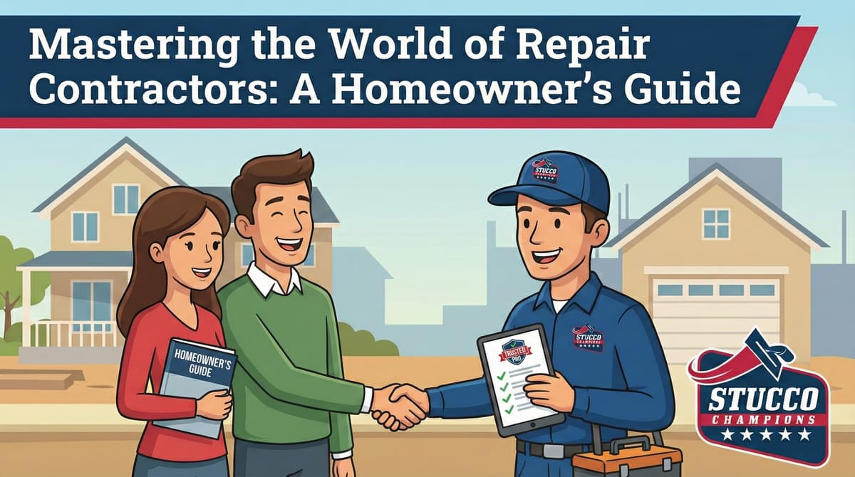 A professional visual guide from Stucco Champions titled "Mastering the World of Repair Contractors: A Homeowner's Guide," showing a contractor shaking hands with a couple in front of a residential neighborhood while holding a digital checklist on a tablet.