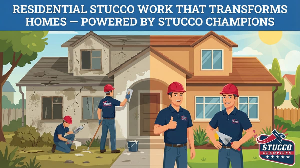A high-contrast "before and after" infographic from Stucco Champions titled "Residential Stucco Work That Transforms Homes," showing a dilapidated, cracked house being repaired by contractors on the left and a fully restored, vibrant orange home with smiling professionals on the right.
