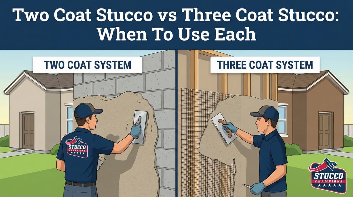 A professional two-panel technical infographic from Stucco Champions titled "Two Coat Stucco vs Three Coat Stucco: When To Use Each," showing a contractor applying a base layer directly to a cinder block wall for the Two Coat System on the left, and a technician applying a scratch coat over metal lath and wood framing for the Three Coat System on the right.