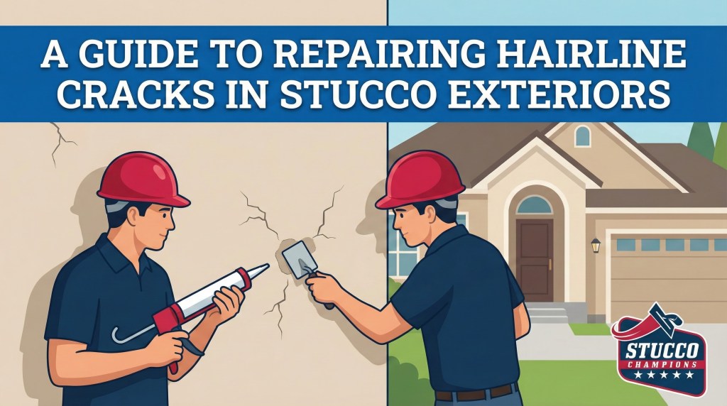 A professional technical infographic from Stucco Champions titled "A Guide to Repairing Hairline Cracks in Stucco Exteriors," featuring two side-by-side illustrations of a contractor in a red hard hat: one using a caulk gun to seal a spiderweb crack and the other using a hand trowel to apply a smooth patch over a hairline crack in front of a modern residential home.
