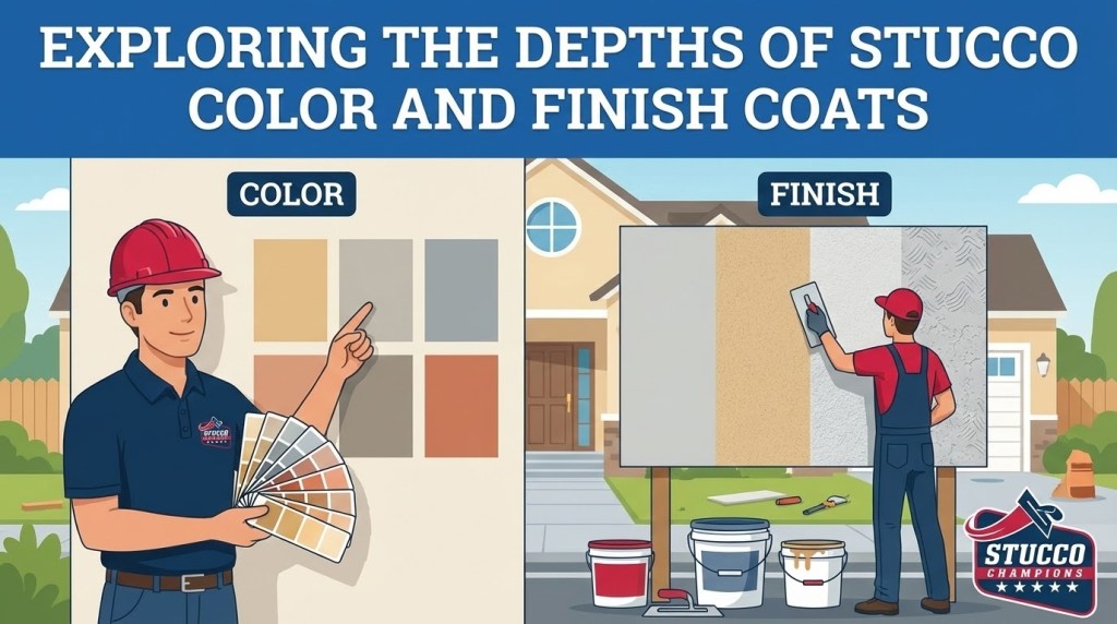 A professional two-panel technical infographic from Stucco Champions titled "Exploring the Depths of Stucco Color and Finish Coats," showing a contractor pointing to a "Color" palette of earth-toned swatches on the left and a technician applying different textures to a "Finish" display board on the right.
