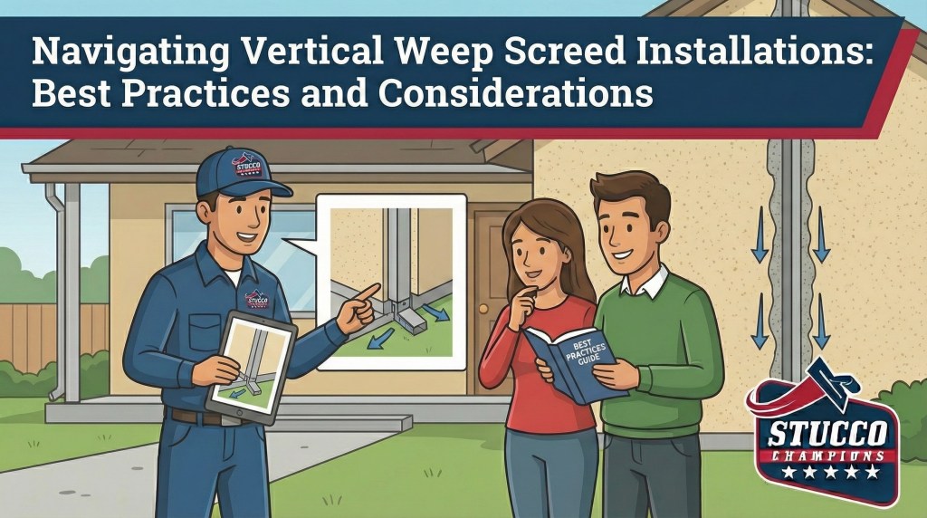 A professional technical infographic from Stucco Champions titled "Navigating Vertical Weep Screed Installations: Best Practices and Considerations," showing a contractor using a tablet to explain a drainage diagram to a couple in front of a residential home.