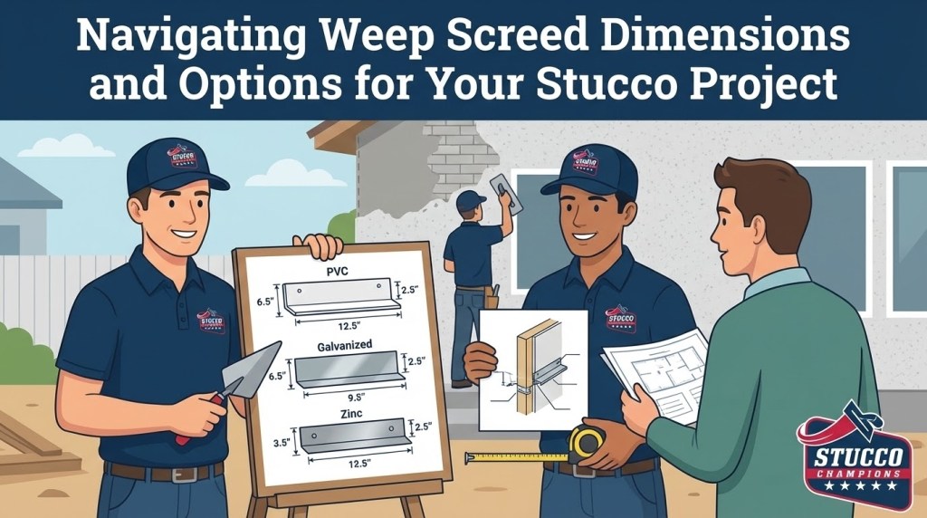 A technical infographic from Stucco Champions titled "Navigating Weep Screed Dimensions and Options for Your Stucco Project," featuring two contractors presenting a selection board with PVC, Galvanized, and Zinc dimensions, while a third technician applies a base coat to a concrete block wall in the background.