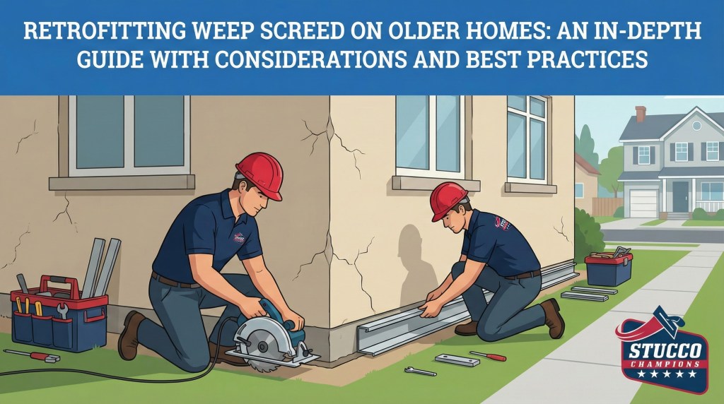A professional technical infographic from Stucco Champions titled "Retrofitting Weep Screed on Older Homes: An In-Depth Guide with Considerations and Best Practices," showing one contractor using a circular saw to cut a channel at the base of a cracked wall and another contractor installing a metal weep screed into the new opening.