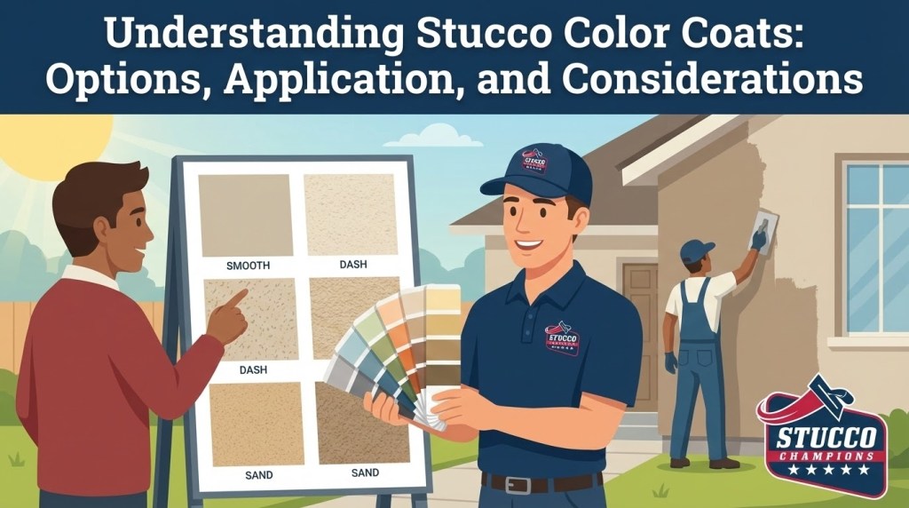 A professional technical infographic from Stucco Champions titled "Understanding Stucco Color Coats: Options, Application, and Considerations," showing a contractor in a branded cap and polo applying a textured finish to a wall while a client points to a display board featuring six different texture samples including Smooth, Dash, and Sand.