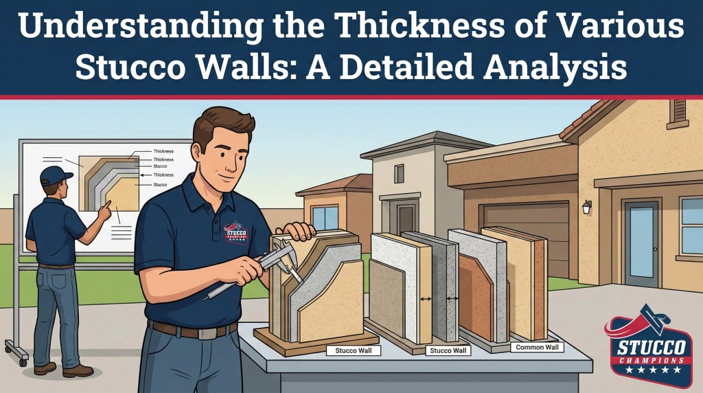 A professional technical infographic from Stucco Champions titled "Understanding the Thickness of Various Stucco Walls: A Detailed Analysis," showing a contractor using a caliper to measure a multi-layered wall cross-section while another technician points to a wall diagram on a whiteboard.