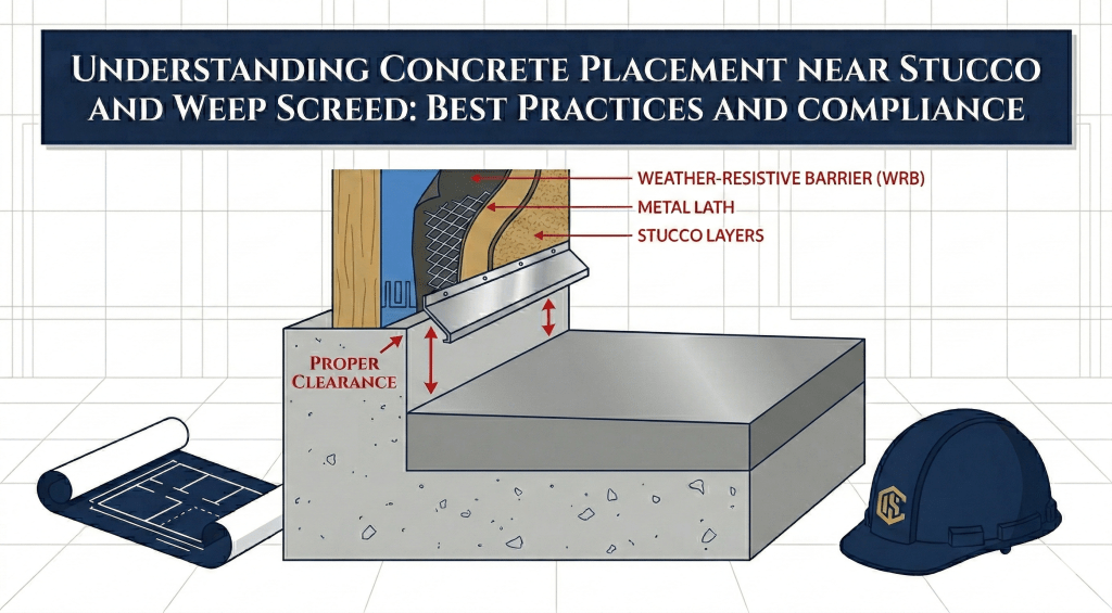 Technical illustration of new stucco weep screed clearance above concrete for Southern California homes by Stucco Champions.