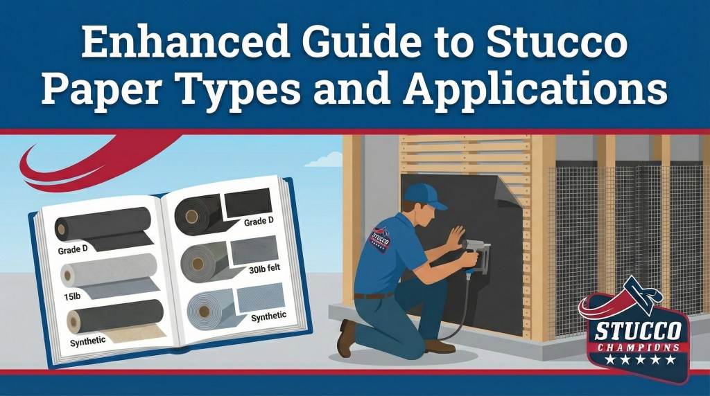 A professional technical guide from Stucco Champions titled "Enhanced Guide to Stucco Paper Types and Applications," showing a contractor installing black moisture barrier paper on a wood frame while referencing a manual featuring Grade D, 15lb, 30lb felt, and Synthetic options.