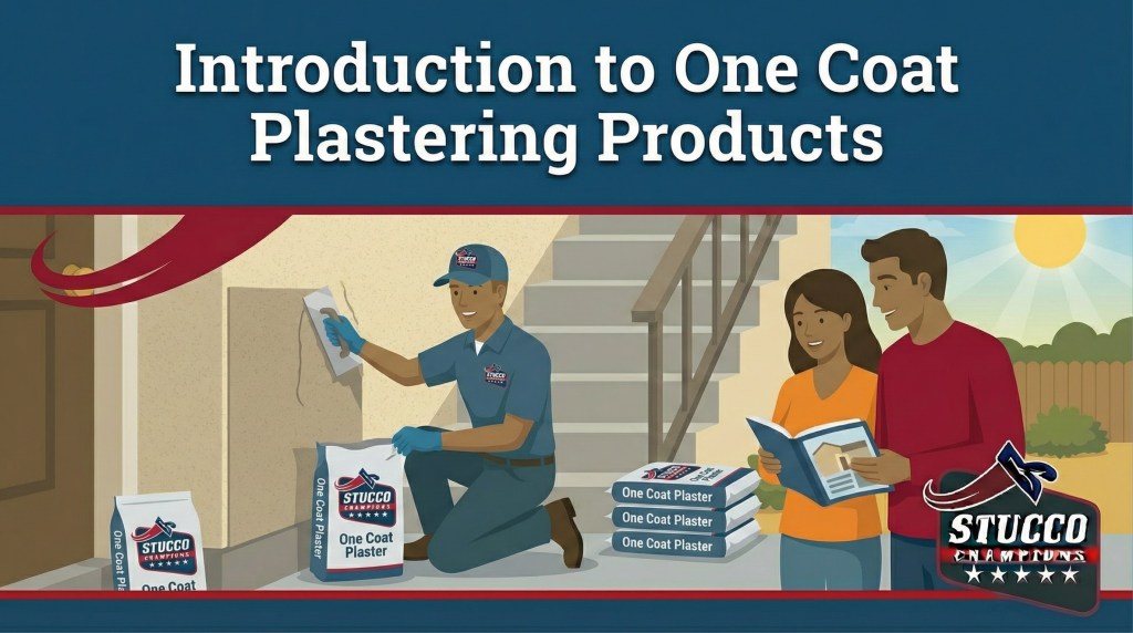 A professional technical guide from Stucco Champions titled "Introduction to One Coat Plastering Products," showing a technician kneeling to apply a smooth finish coat from a bag of One Coat Plaster while a couple reviews an instructional manual nearby.