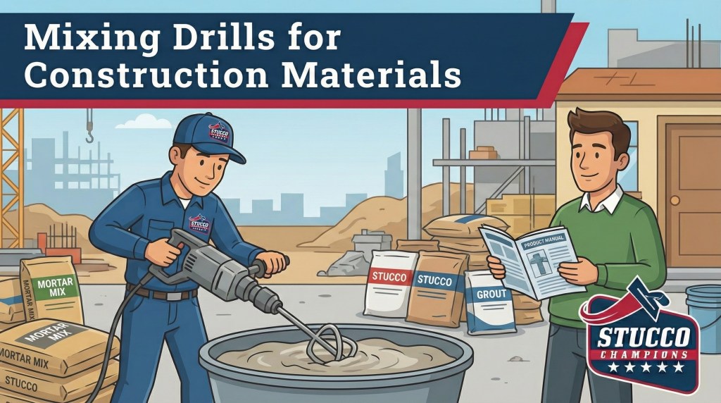 A professional technical infographic from Stucco Champions titled "Mixing Drills for Construction Materials," showing a contractor using a heavy-duty paddle mixer in a tub while a homeowner reviews a product manual near bags of Stucco, Mortar Mix, and Grout.