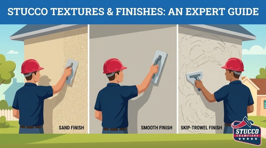 A professional technical infographic from Stucco Champions titled "Stucco Textures & Finishes: An Expert Guide," featuring three side-by-side panels showing contractors in red hard hats applying different styles: a granular Sand Finish, a sleek Smooth Finish, and a decorative Skip-Trowel Finish with circular patterns.