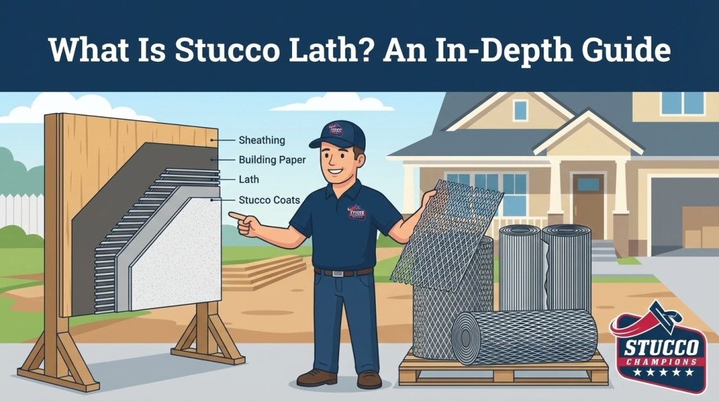 A professional technical infographic from Stucco Champions titled "What Is Stucco Lath? An In-Depth Guide," featuring a contractor pointing to a wall assembly cross-section that labels the Sheathing, Building Paper, Lath, and Stucco Coats, with rolls of metal mesh on a pallet nearby.