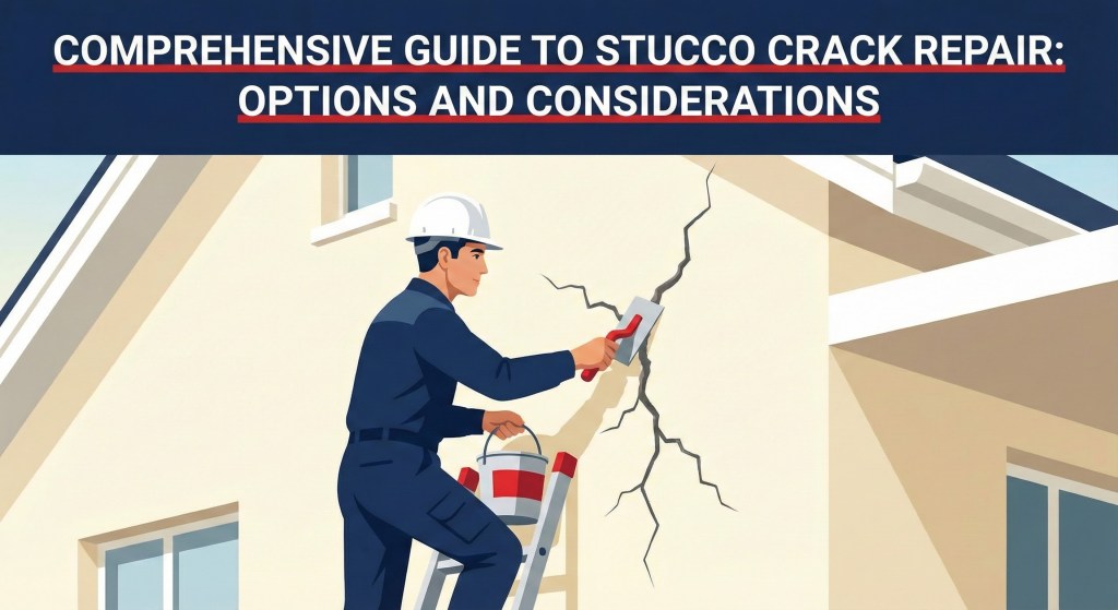 Stucco Champions contractor analyzing a large diagonal structural crack on a stucco exterior to determine repair options.
