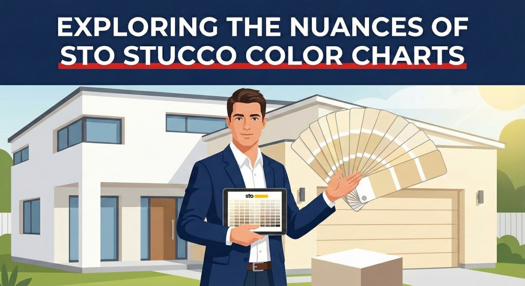 Stucco Champions professional displaying a digital Sto stucco color chart and a physical color fan deck in front of a modern home.