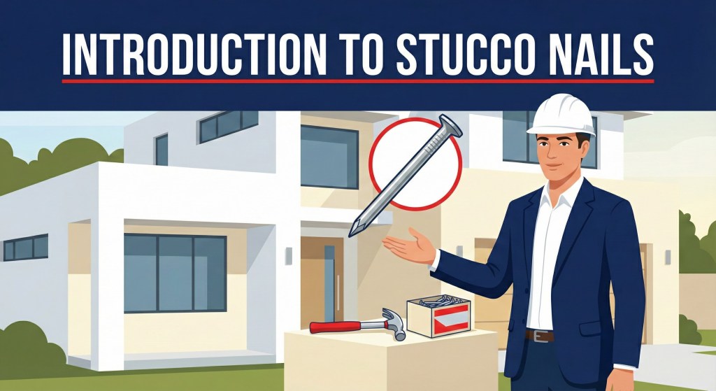 Stucco Champions professional presenting a box of stucco nails and a hammer to illustrate proper fastening techniques.