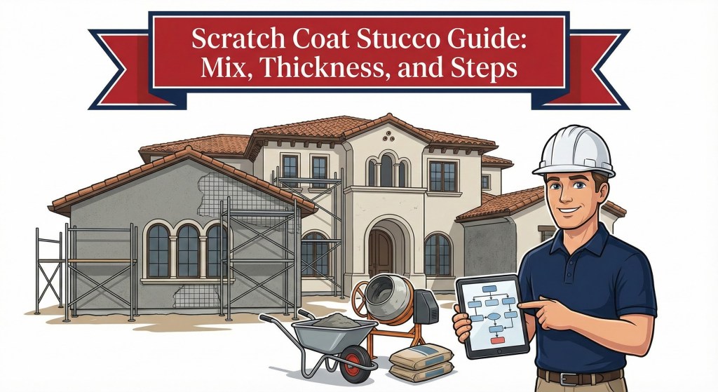 Scratch coat stucco guide showing proper mix thickness and application steps over metal lath and weep screed drainage systems