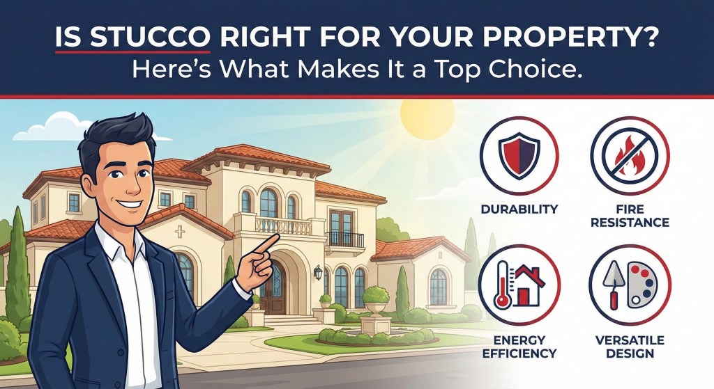 Illustration of a contractor standing in front of a stucco home with icons highlighting durability, fire resistance, energy efficiency, and versatile design.