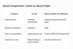 Comparison chart of Tyvek vs. 60-minute stucco paper showing differences in material type, moisture resistance, stucco compatibility, and typical use. 