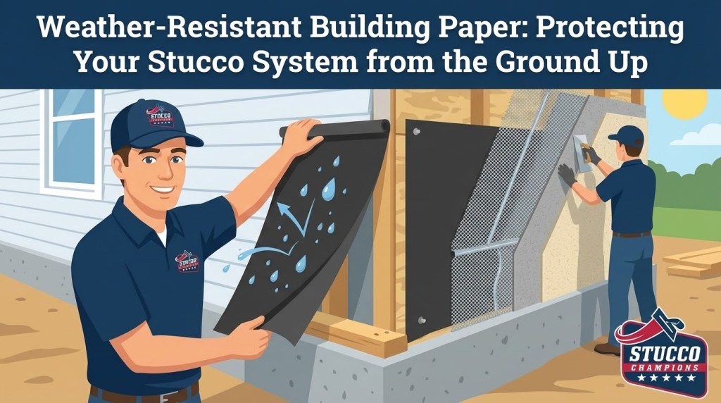 A professional technical infographic from Stucco Champions titled "Weather-Resistant Building Paper: Protecting Your Stucco System from the Ground Up," showing a contractor in a branded cap and polo unrolling a black moisture barrier while another technician applies sequential layers of metal lath and plaster to a wood-framed wall.