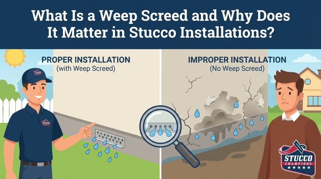 A professional technical infographic from Stucco Champions titled "What Homeowners Need to Know Before Starting Stucco Work," featuring a contractor presenting a four-point checklist—Permits, Prep Work, Weather, and Choosing a Contractor—to a couple, with a thought bubble indicating budget and schedule planning.