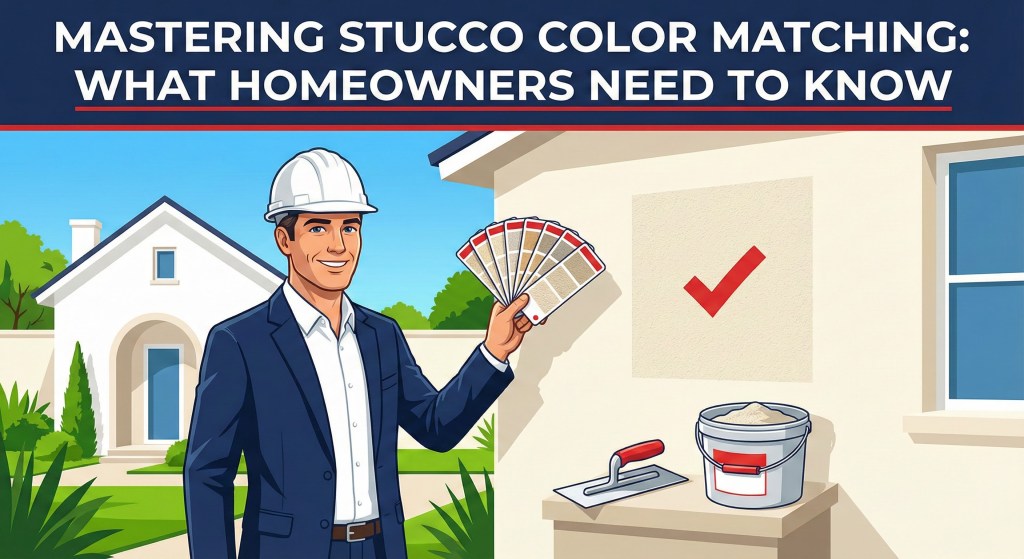 Stucco Champions professional using a color fan deck to verify a seamless stucco color match on an exterior wall.