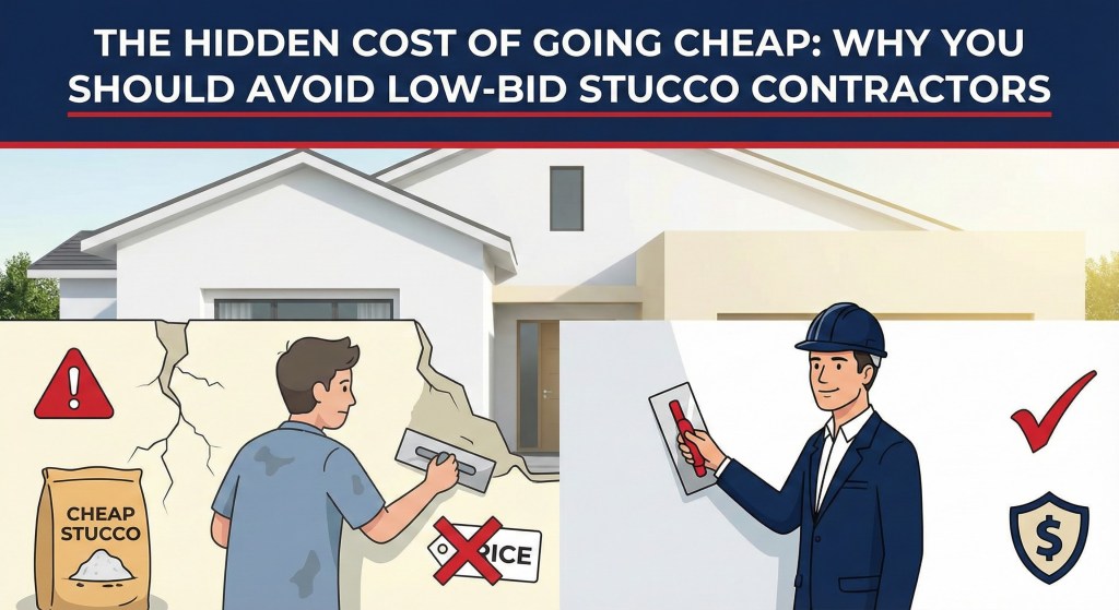 Stucco Champions infographic contrasting a messy low-bid contractor with cracks against a professional high-quality installation.