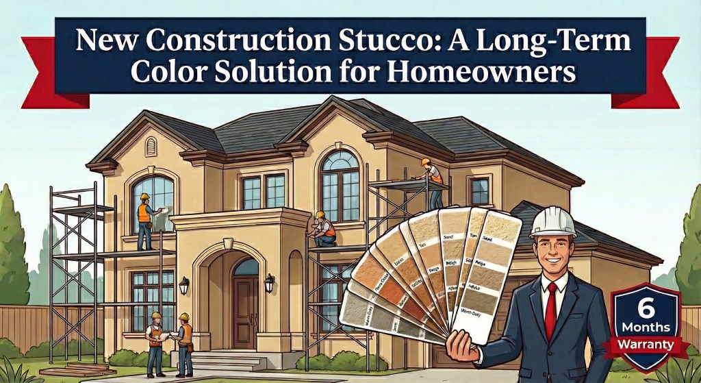 New construction stucco showing professional color selection and three coat system installation with proper weep screed drainage for long-term durability